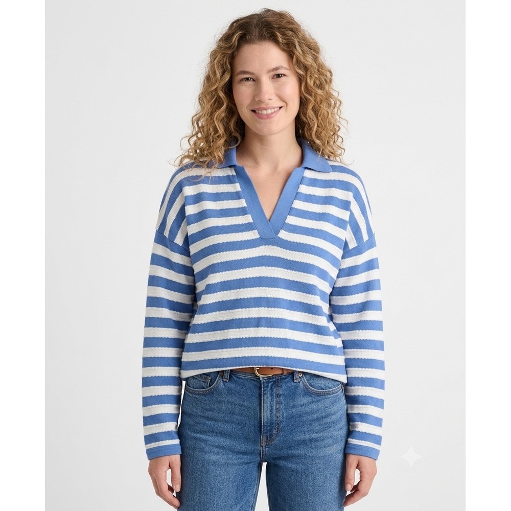 Madewell Top Womens XL Relaxed Polo Shirt Stripe Blue White Casual NY575